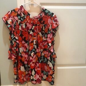 Red and Pink Floral Ruffled Blouse with Cap Sleeves